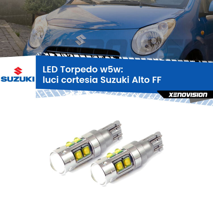 <strong>Luci Cortesia LED 6000k per Suzuki Alto</strong> FF 2002 - 2008. Lampadine <strong>W5W</strong> canbus modello Tube, luce bianco lunare, lunga durata e compatibilità.