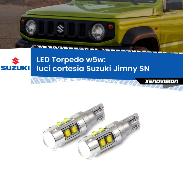 <strong>Luci Cortesia LED 6000k per Suzuki Jimny</strong> SN 1998 in poi. Lampadine <strong>W5W</strong> canbus modello Tube, luce bianco lunare, lunga durata e compatibilità.