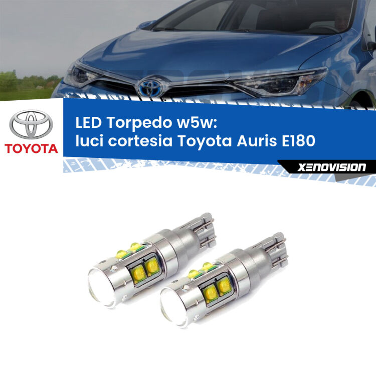 <strong>Luci Cortesia LED 6000k per Toyota Auris</strong> E180 anteriori. Lampadine <strong>W5W</strong> canbus modello Tube, luce bianco lunare, lunga durata e compatibilità.