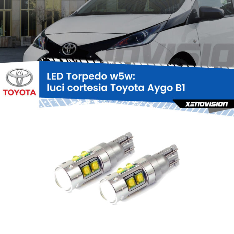 <strong>Luci Cortesia LED 6000k per Toyota Aygo</strong> B1 2005 - 2014. Lampadine <strong>W5W</strong> canbus modello Tube, luce bianco lunare, lunga durata e compatibilità.