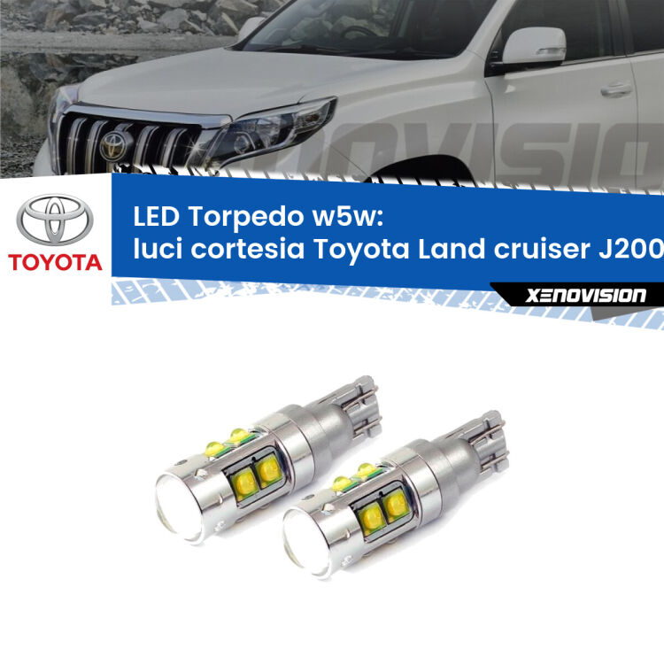 <strong>Luci Cortesia LED 6000k per Toyota Land cruiser</strong> J200 2007 in poi. Lampadine <strong>W5W</strong> canbus modello Tube, luce bianco lunare, lunga durata e compatibilità.