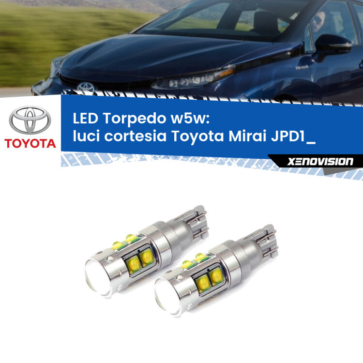 <strong>Luci Cortesia LED 6000k per Toyota Mirai</strong> JPD1_ anteriori. Lampadine <strong>W5W</strong> canbus modello Tube, luce bianco lunare, lunga durata e compatibilità.