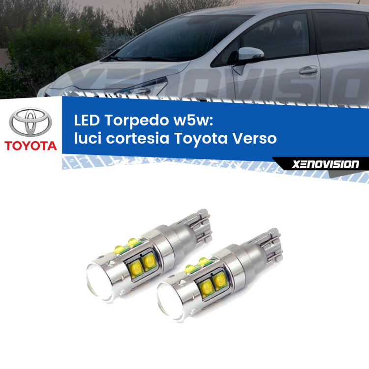 <strong>Luci Cortesia LED 6000k per Toyota Verso</strong>  2009 - 2018. Lampadine <strong>W5W</strong> canbus modello Tube, luce bianco lunare, lunga durata e compatibilità.