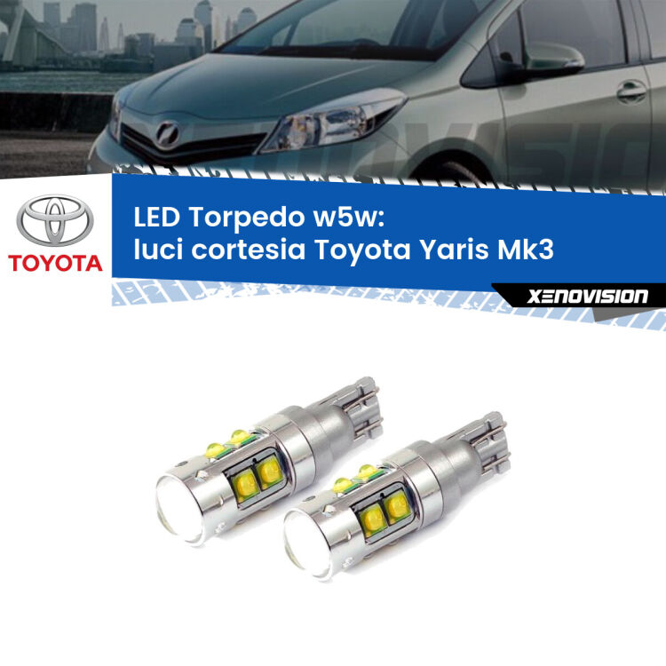 <strong>Luci Cortesia LED 6000k per Toyota Yaris</strong> Mk3 2010 - 2019. Lampadine <strong>W5W</strong> canbus modello Tube, luce bianco lunare, lunga durata e compatibilità.