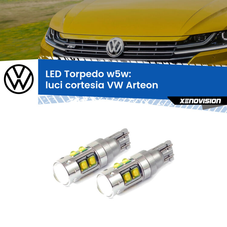 <strong>Luci Cortesia LED 6000k per VW Arteon</strong>  2017 in poi. Lampadine <strong>W5W</strong> canbus modello Tube, luce bianco lunare, lunga durata e compatibilità.