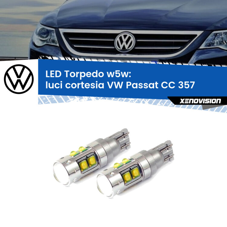 <strong>Luci Cortesia LED 6000k per VW Passat CC</strong> 357 2008 - 2012. Lampadine <strong>W5W</strong> canbus modello Tube, luce bianco lunare, lunga durata e compatibilità.