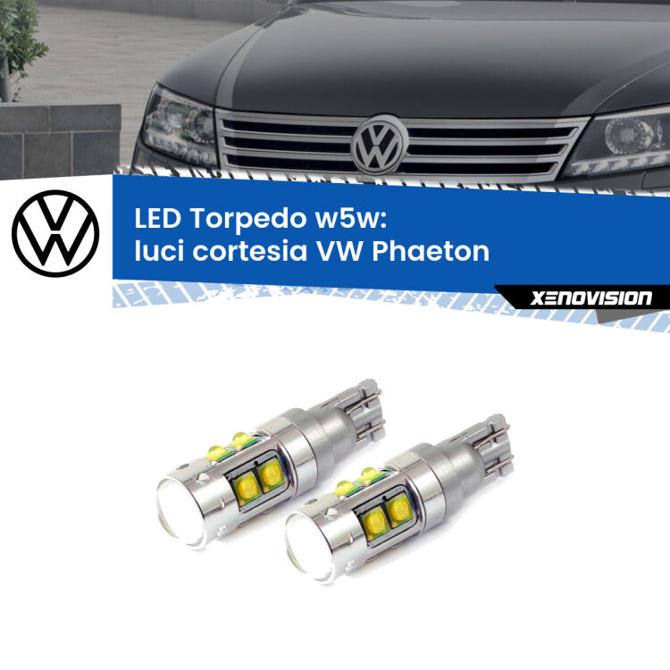 <strong>Luci Cortesia LED 6000k per VW Phaeton</strong>  2002 - 2016. Lampadine <strong>W5W</strong> canbus modello Tube, luce bianco lunare, lunga durata e compatibilità.