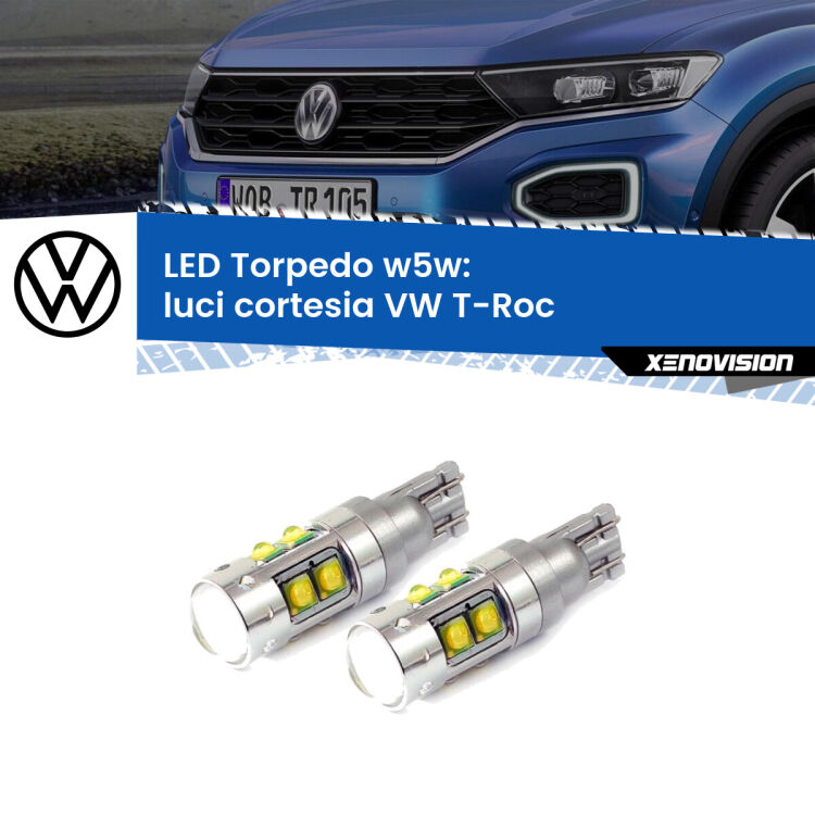 <strong>Luci Cortesia LED 6000k per VW T-Roc</strong>  2017 in poi. Lampadine <strong>W5W</strong> canbus modello Tube, luce bianco lunare, lunga durata e compatibilità.