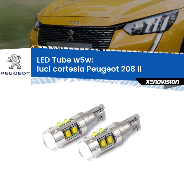 <strong>Luci Cortesia LED 6000k per Peugeot 208</strong> II 2019 in poi. Lampadine <strong>W5W</strong> canbus modello Tube, luce bianco lunare, lunga durata e compatibilità.