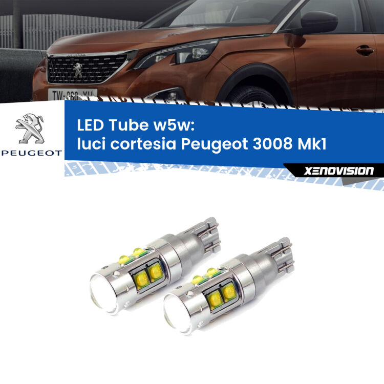 <strong>Luci Cortesia LED 6000k per Peugeot 3008</strong> Mk1 2008 - 2015. Lampadine <strong>W5W</strong> canbus modello Tube, luce bianco lunare, lunga durata e compatibilità.