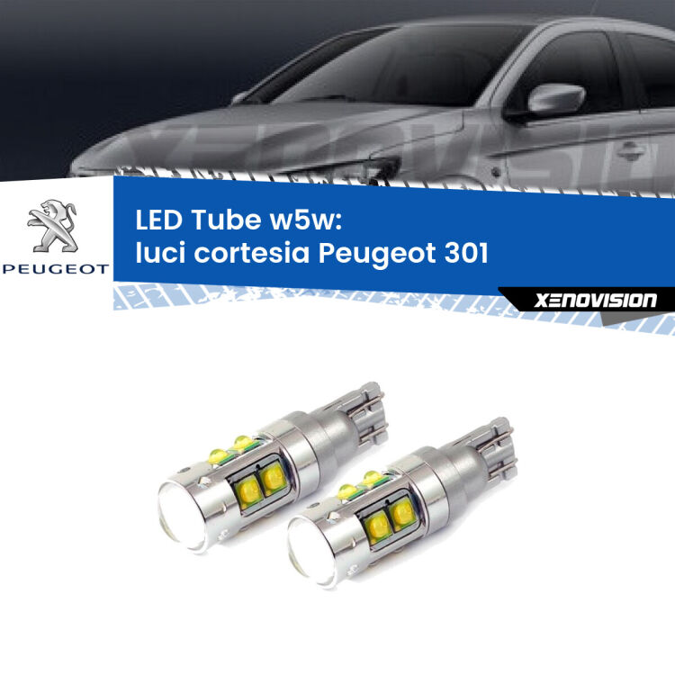 <strong>Luci Cortesia LED 6000k per Peugeot 301</strong>  2012 - 2017. Lampadine <strong>W5W</strong> canbus modello Tube, luce bianco lunare, lunga durata e compatibilità.