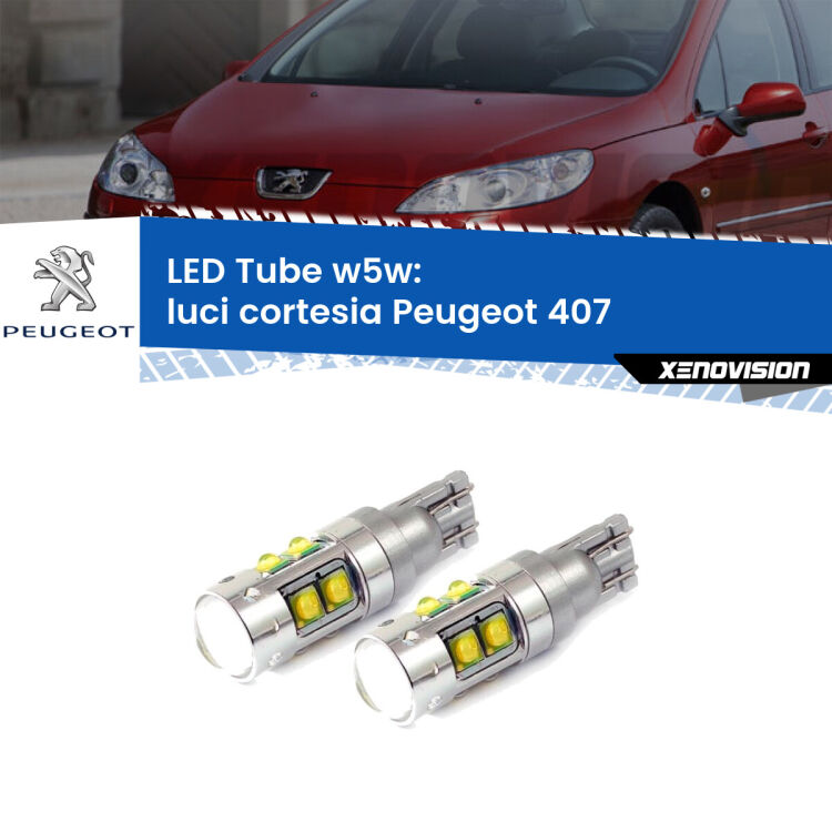 <strong>Luci Cortesia LED 6000k per Peugeot 407</strong>  2004 - 2011. Lampadine <strong>W5W</strong> canbus modello Tube, luce bianco lunare, lunga durata e compatibilità.