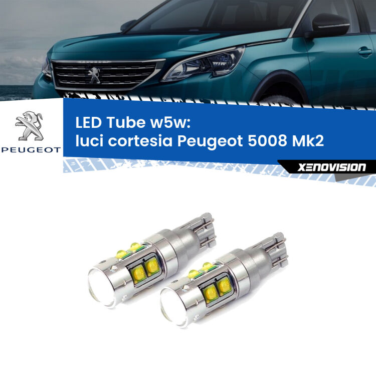 <strong>Luci Cortesia LED 6000k per Peugeot 5008</strong> Mk2 2017 in poi. Lampadine <strong>W5W</strong> canbus modello Tube, luce bianco lunare, lunga durata e compatibilità.