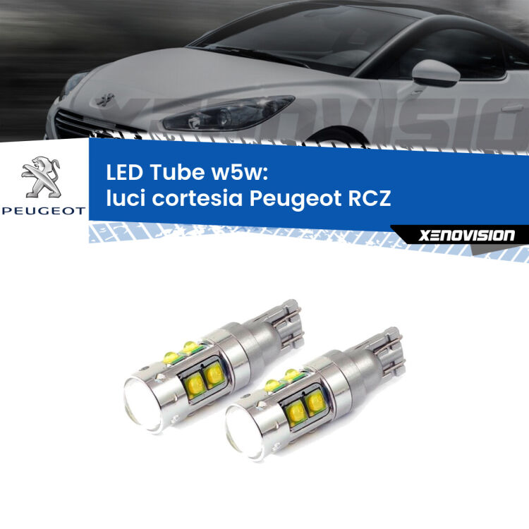 <strong>Luci Cortesia LED 6000k per Peugeot RCZ</strong>  2010 - 2015. Lampadine <strong>W5W</strong> canbus modello Tube, luce bianco lunare, lunga durata e compatibilità.