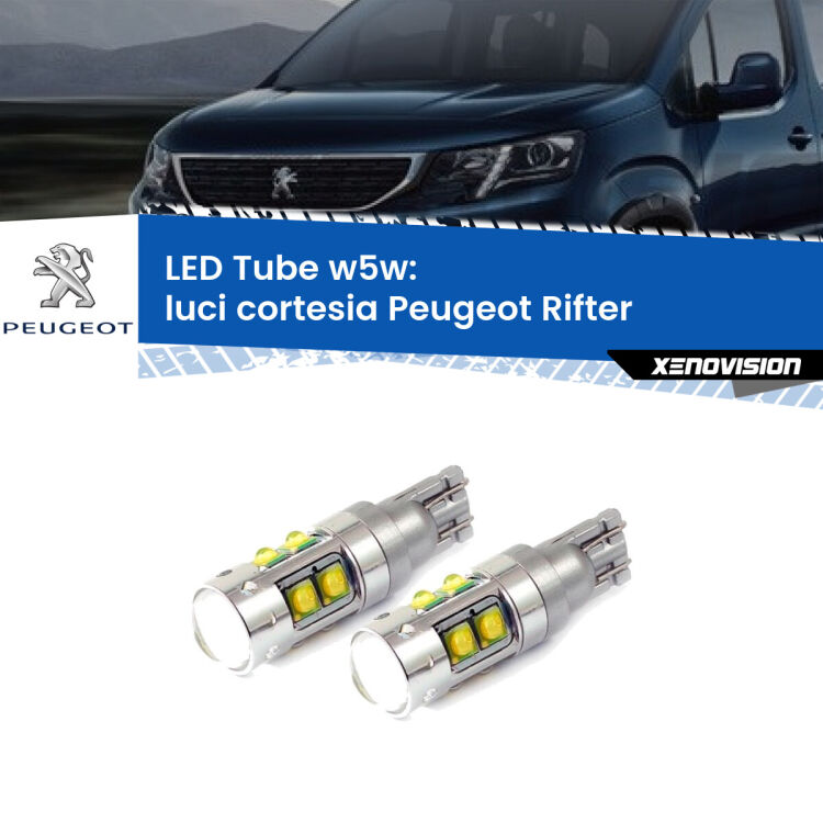 <strong>Luci Cortesia LED 6000k per Peugeot Rifter</strong>  2018 in poi. Lampadine <strong>W5W</strong> canbus modello Tube, luce bianco lunare, lunga durata e compatibilità.