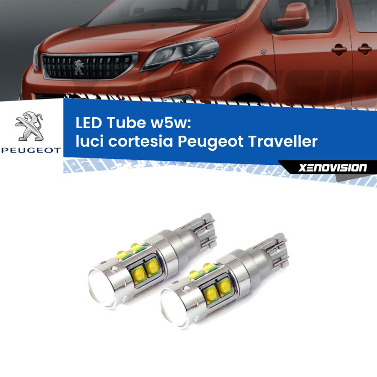 <strong>Luci Cortesia LED 6000k per Peugeot Traveller</strong>  2016 in poi. Lampadine <strong>W5W</strong> canbus modello Tube, luce bianco lunare, lunga durata e compatibilità.