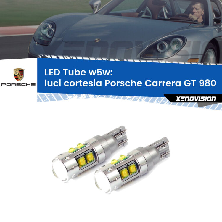 <strong>Luci Cortesia LED 6000k per Porsche Carrera GT</strong> 980 2003 - 2006. Lampadine <strong>W5W</strong> canbus modello Tube, luce bianco lunare, lunga durata e compatibilità.