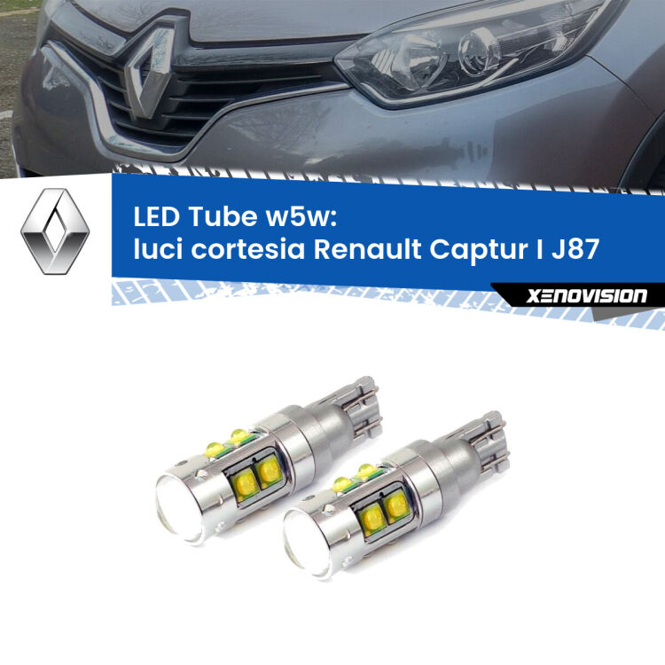 <strong>Luci Cortesia LED 6000k per Renault Captur I</strong> J87 2013 - 2015. Lampadine <strong>W5W</strong> canbus modello Tube, luce bianco lunare, lunga durata e compatibilità.