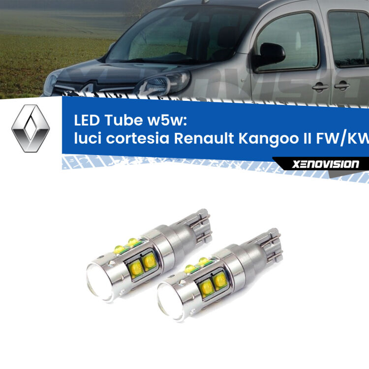 <strong>Luci Cortesia LED 6000k per Renault Kangoo II</strong> FW/KW 2008 in poi. Lampadine <strong>W5W</strong> canbus modello Tube, luce bianco lunare, lunga durata e compatibilità.