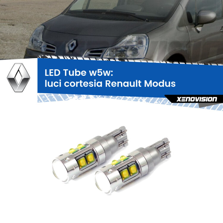 <strong>Luci Cortesia LED 6000k per Renault Modus</strong>  2004 - 2012. Lampadine <strong>W5W</strong> canbus modello Tube, luce bianco lunare, lunga durata e compatibilità.