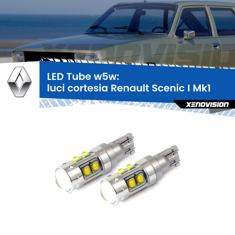 <strong>Luci Cortesia LED 6000k per Renault Scenic I</strong> Mk1 1996 - 2002. Lampadine <strong>W5W</strong> canbus modello Tube, luce bianco lunare, lunga durata e compatibilità.