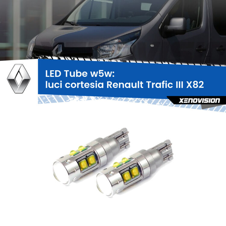 <strong>Luci Cortesia LED 6000k per Renault Trafic III</strong> X82 2014 in poi. Lampadine <strong>W5W</strong> canbus modello Tube, luce bianco lunare, lunga durata e compatibilità.