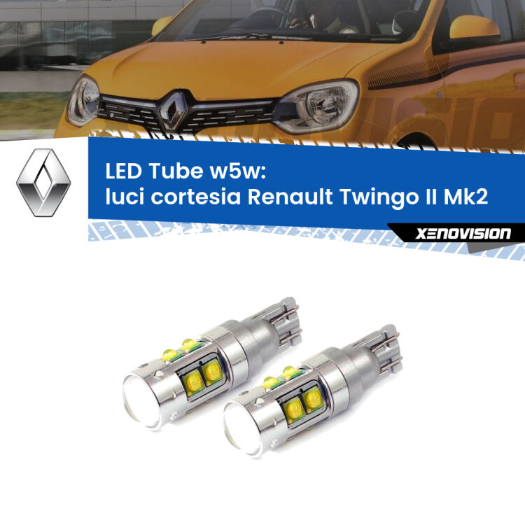 <strong>Luci Cortesia LED 6000k per Renault Twingo II</strong> Mk2 2007 - 2013. Lampadine <strong>W5W</strong> canbus modello Tube, luce bianco lunare, lunga durata e compatibilità.