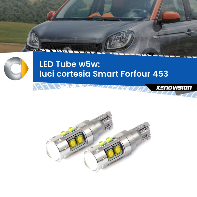 <strong>Luci Cortesia LED 6000k per Smart Forfour</strong> 453 2014 in poi. Lampadine <strong>W5W</strong> canbus modello Tube, luce bianco lunare, lunga durata e compatibilità.