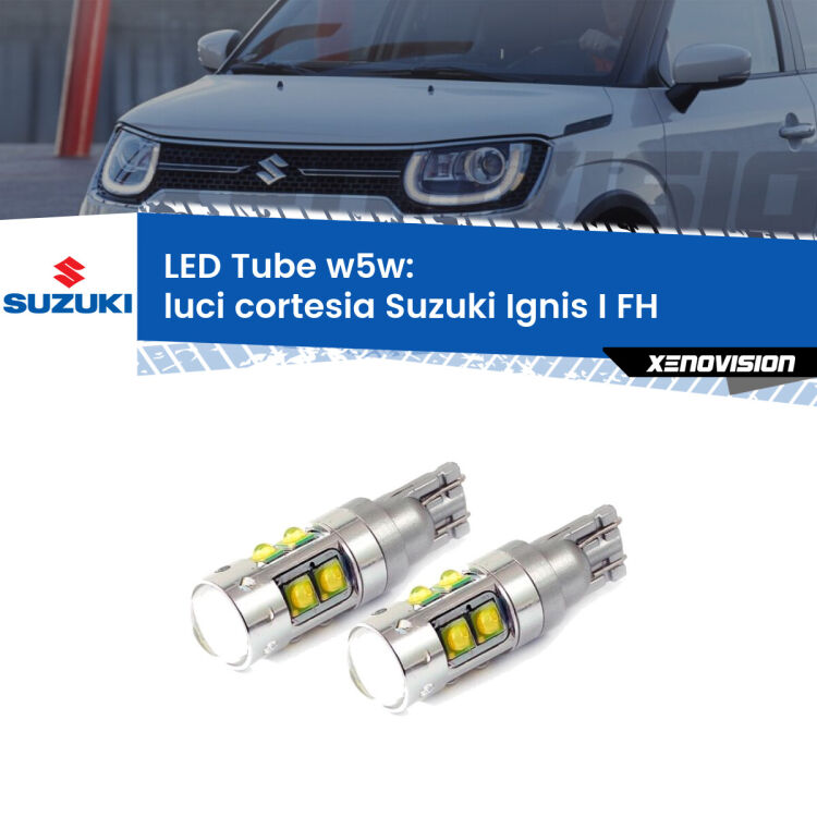 <strong>Luci Cortesia LED 6000k per Suzuki Ignis I</strong> FH 2000 - 2005. Lampadine <strong>W5W</strong> canbus modello Tube, luce bianco lunare, lunga durata e compatibilità.