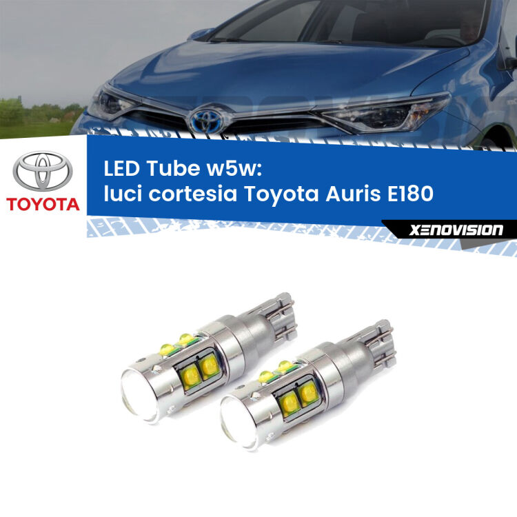 <strong>Luci Cortesia LED 6000k per Toyota Auris</strong> E180 anteriori. Lampadine <strong>W5W</strong> canbus modello Tube, luce bianco lunare, lunga durata e compatibilità.