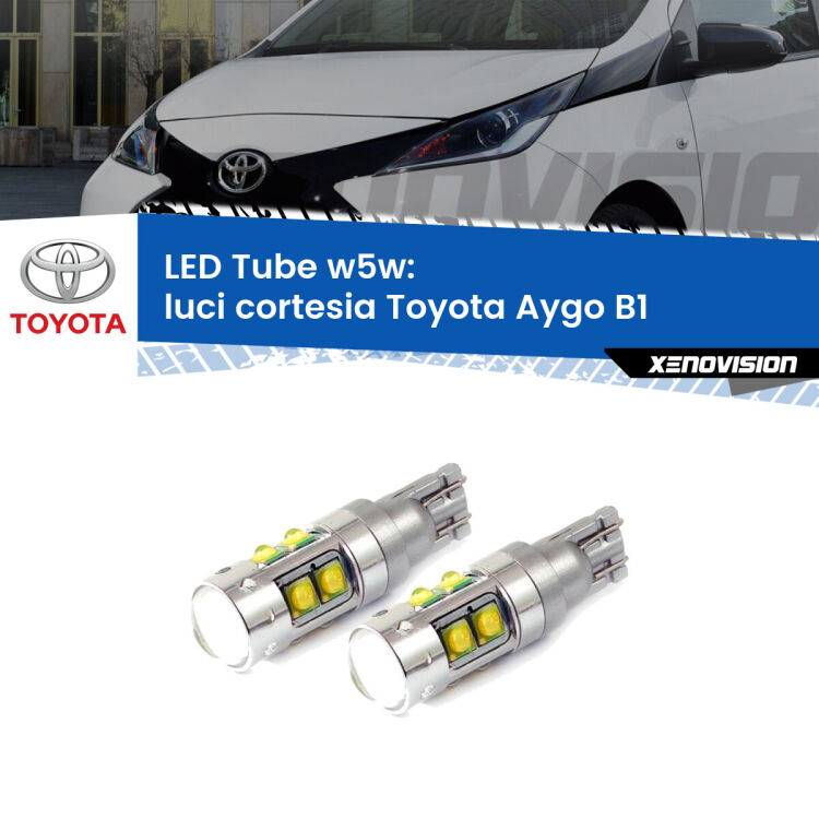 <strong>Luci Cortesia LED 6000k per Toyota Aygo</strong> B1 2005 - 2014. Lampadine <strong>W5W</strong> canbus modello Tube, luce bianco lunare, lunga durata e compatibilità.