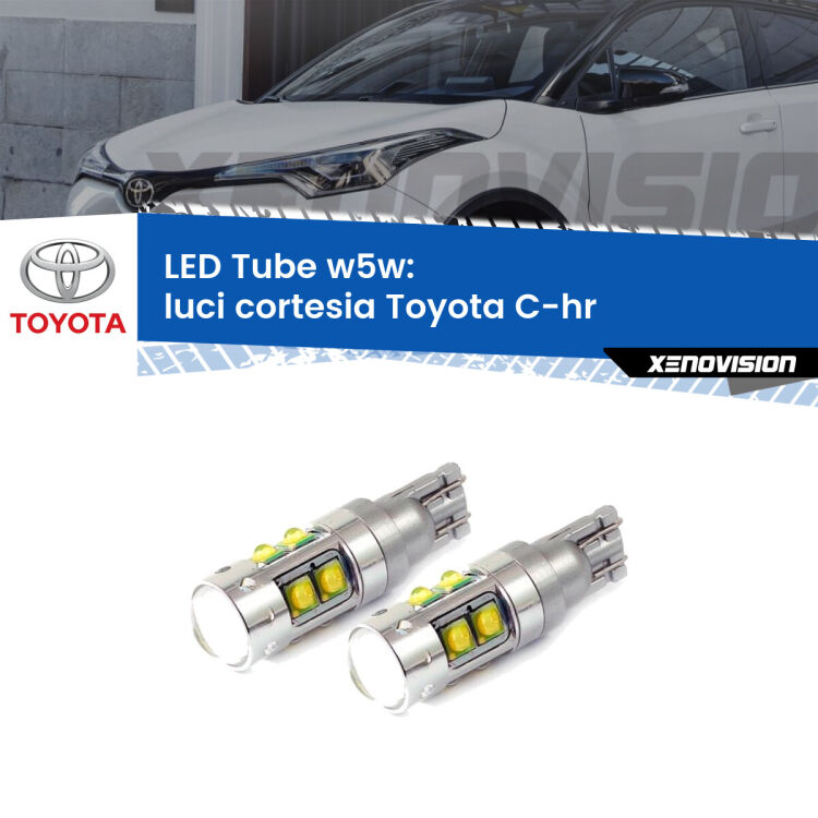 <strong>Luci Cortesia LED 6000k per Toyota C-hr</strong>  anteriori. Lampadine <strong>W5W</strong> canbus modello Tube, luce bianco lunare, lunga durata e compatibilità.