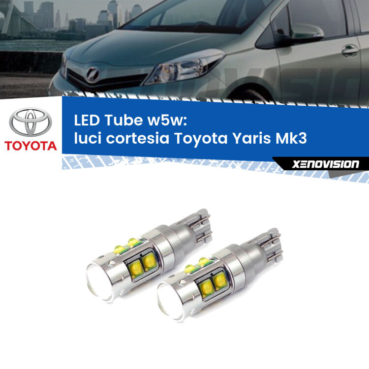 <strong>Luci Cortesia LED 6000k per Toyota Yaris</strong> Mk3 2010 - 2019. Lampadine <strong>W5W</strong> canbus modello Tube, luce bianco lunare, lunga durata e compatibilità.