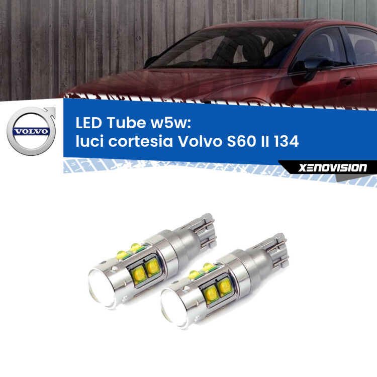 <strong>Luci Cortesia LED 6000k per Volvo S60 II</strong> 134 2010 - 2015. Lampadine <strong>W5W</strong> canbus modello Tube, luce bianco lunare, lunga durata e compatibilità.