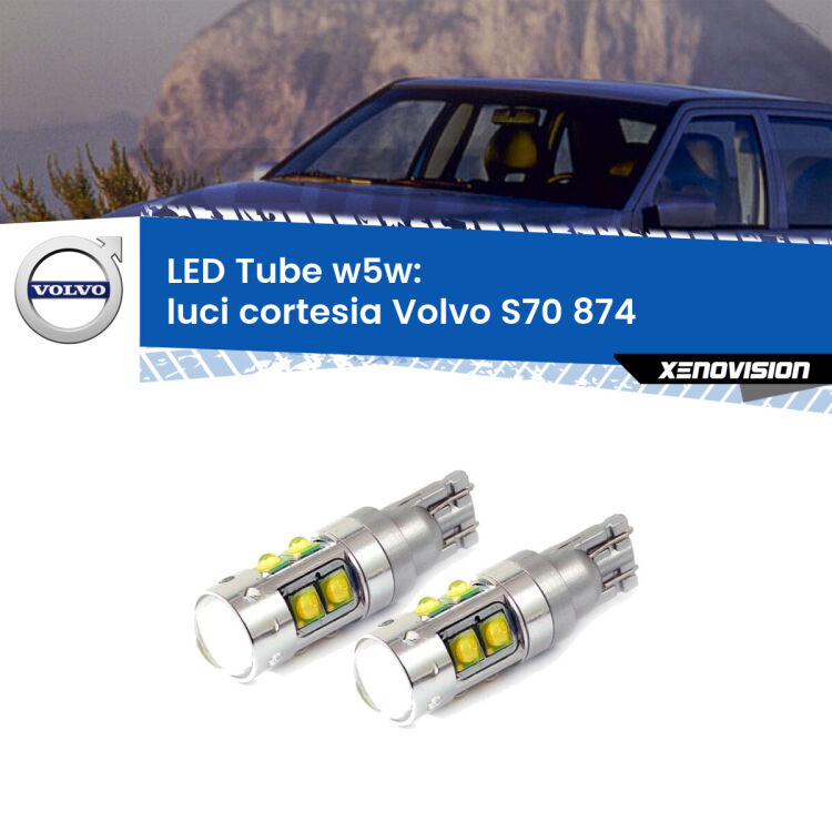 <strong>Luci Cortesia LED 6000k per Volvo S70</strong> 874 1997 - 2000. Lampadine <strong>W5W</strong> canbus modello Tube, luce bianco lunare, lunga durata e compatibilità.