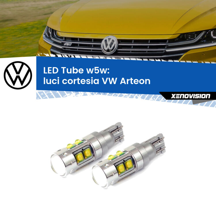 <strong>Luci Cortesia LED 6000k per VW Arteon</strong>  2017 in poi. Lampadine <strong>W5W</strong> canbus modello Tube, luce bianco lunare, lunga durata e compatibilità.