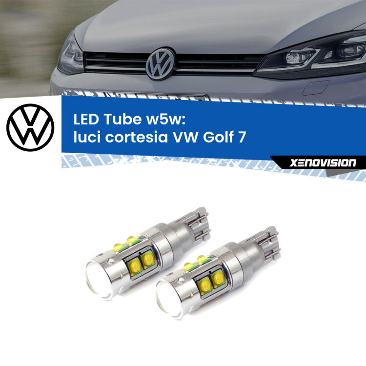 <strong>Luci Cortesia LED 6000k per VW Golf 7</strong>  2012 - 2019. Lampadine <strong>W5W</strong> canbus modello Tube, luce bianco lunare, lunga durata e compatibilità.