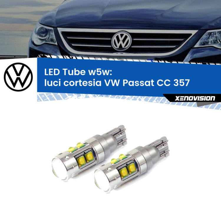 <strong>Luci Cortesia LED 6000k per VW Passat CC</strong> 357 2008 - 2012. Lampadine <strong>W5W</strong> canbus modello Tube, luce bianco lunare, lunga durata e compatibilità.