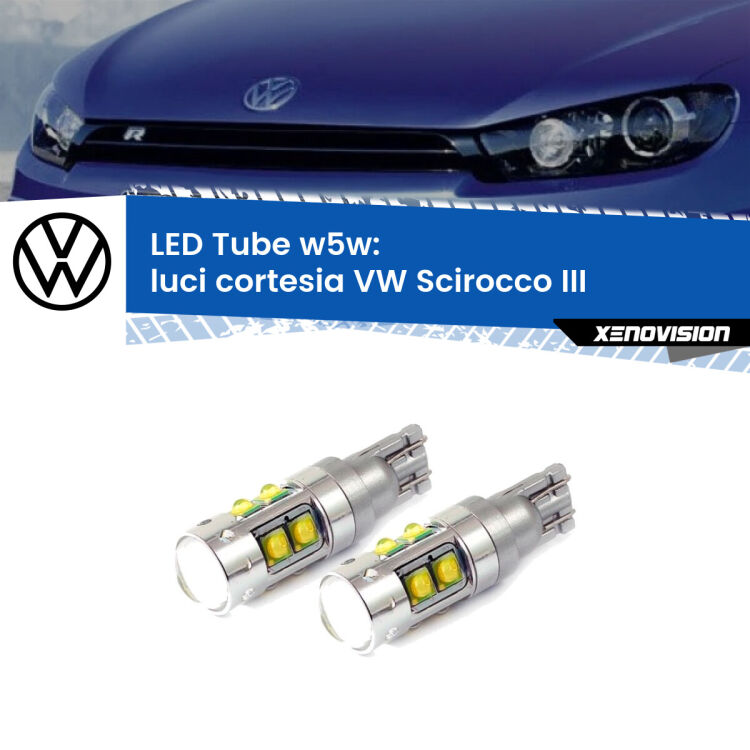 <strong>Luci Cortesia LED 6000k per VW Scirocco</strong> III 2008 - 2017. Lampadine <strong>W5W</strong> canbus modello Tube, luce bianco lunare, lunga durata e compatibilità.