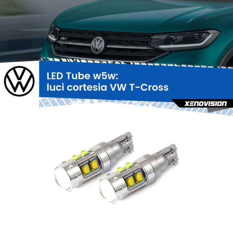 <strong>Luci Cortesia LED 6000k per VW T-Cross</strong>  in poi. Lampadine <strong>W5W</strong> canbus modello Tube, luce bianco lunare, lunga durata e compatibilità.