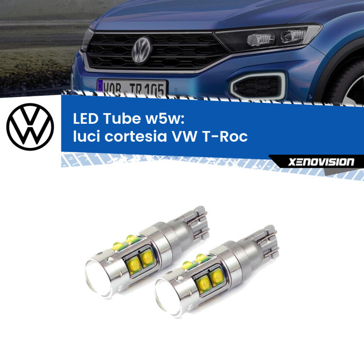 <strong>Luci Cortesia LED 6000k per VW T-Roc</strong>  2017 in poi. Lampadine <strong>W5W</strong> canbus modello Tube, luce bianco lunare, lunga durata e compatibilità.