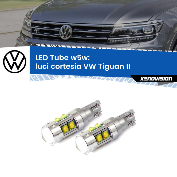 <strong>Luci Cortesia LED 6000k per VW Tiguan</strong> II 2016 in poi. Lampadine <strong>W5W</strong> canbus modello Tube, luce bianco lunare, lunga durata e compatibilità.