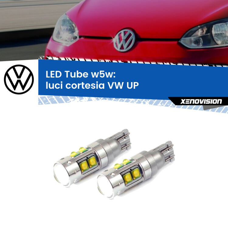 <strong>Luci Cortesia LED 6000k per VW UP</strong>  col tettuccio. Lampadine <strong>W5W</strong> canbus modello Tube, luce bianco lunare, lunga durata e compatibilità.