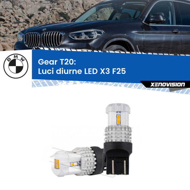 <strong>LED T20 </strong><strong>Luci diurne</strong> <strong>BMW</strong> <strong>X3 </strong>(F25) 2010 - 2016. Coppia LED effetto Stealth, ottima resa in ogni direzione, Qualità Massima.