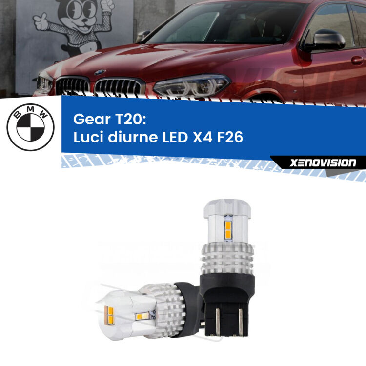 <strong>LED T20 </strong><strong>Luci diurne</strong> <strong>BMW</strong> <strong>X4 </strong>(F26) 2014 - 2017. Coppia LED effetto Stealth, ottima resa in ogni direzione, Qualità Massima.