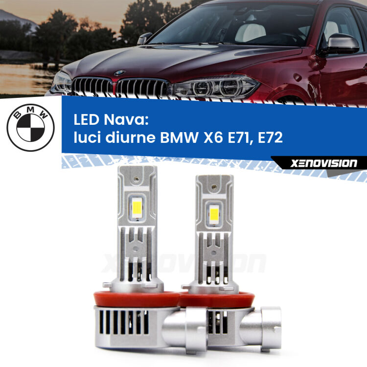 <strong>Luci diurne LED no-spie per BMW X6</strong> E71, E72 2008 - 2014. Coppia lampade <strong>H11</strong>/H9/H8/H16(JP) modello Nava canbus, raffreddate a ventola.