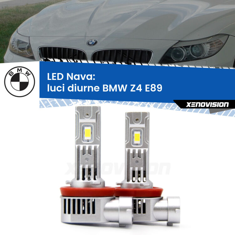 <strong>Luci diurne LED no-spie per BMW Z4</strong> E89 2009 - 2016. Coppia lampade <strong>H11</strong>/H9/H8/H16(JP) modello Nava canbus, raffreddate a ventola.