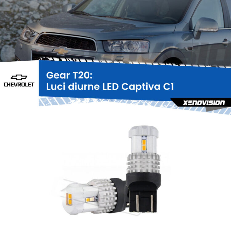 <strong>LED T20 </strong><strong>Luci diurne</strong> <strong>Chevrolet</strong> <strong>Captiva </strong>(C1) 2006 - 2018. Coppia LED effetto Stealth, ottima resa in ogni direzione, Qualità Massima.