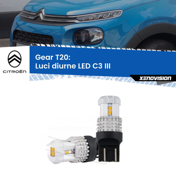 <strong>LED T20 </strong><strong>Luci diurne</strong> <strong>Citroën</strong> <strong>C3 </strong>(III) 2016 in poi. Coppia LED effetto Stealth, ottima resa in ogni direzione, Qualità Massima.