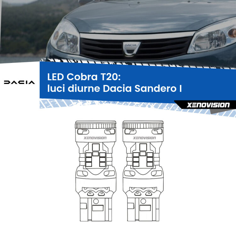 <strong>Luci diurne LED no-spie per Dacia Sandero I</strong>  2008 - 2012. Coppia lampade <strong>T20</strong> modello Cobra super-canbus, raffreddate a ventola.